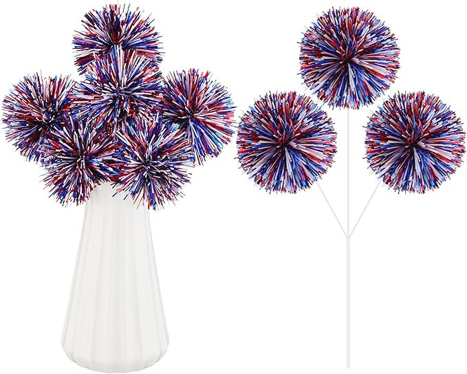 6 Pcs 4th of July Fireworks Pom Pom Picks Decorations Patriotic Vase Filler Memorial Day Table De... | Amazon (US)
