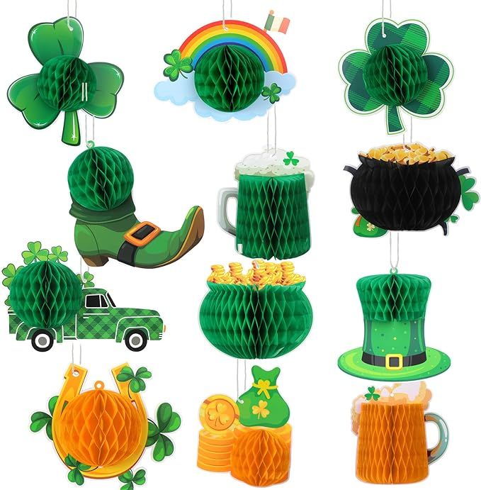 12 Pcs St. Patrick's Day Honeycomb Decoration St Patrick's Day Hanging Ornaments Shamrock Gold Cl... | Amazon (US)