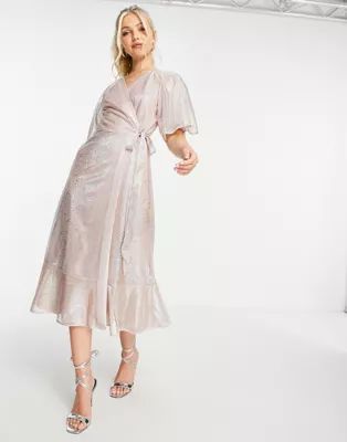 Style Cheat metallic flutter sleeve wrap midi dress in champagne glitter | ASOS (Global)