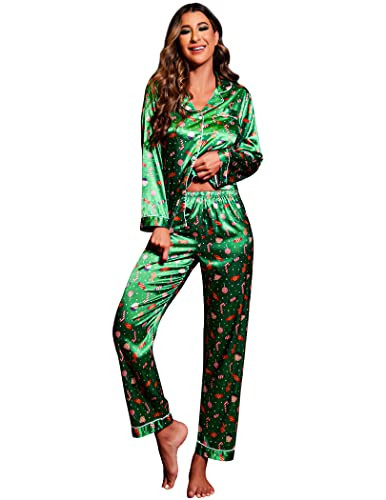 Ekouaer Women's Classic Button Down Long Satin Silk Pajama Set,X-Large,Green Chirstmas Pattern | Amazon (US)