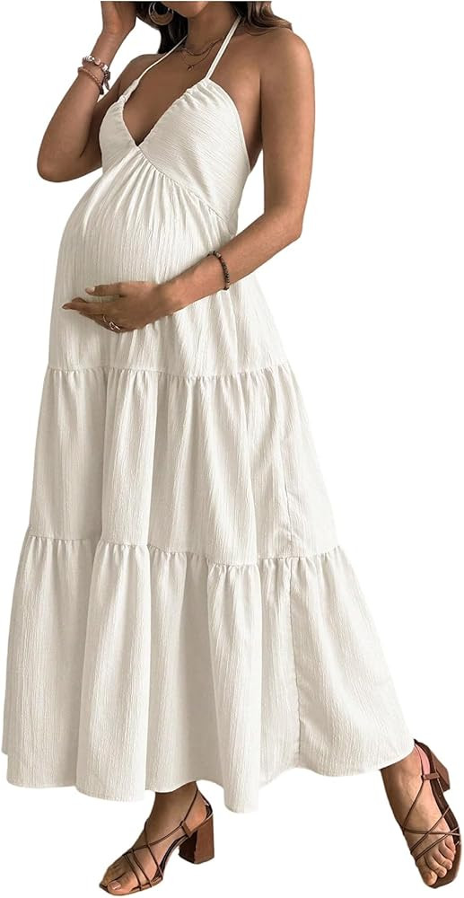 OYOANGLE Women's Maternity Sleeveless Tiered Dress V Neck Bow Tie Back Flowy Long Cami Dress for ... | Amazon (US)