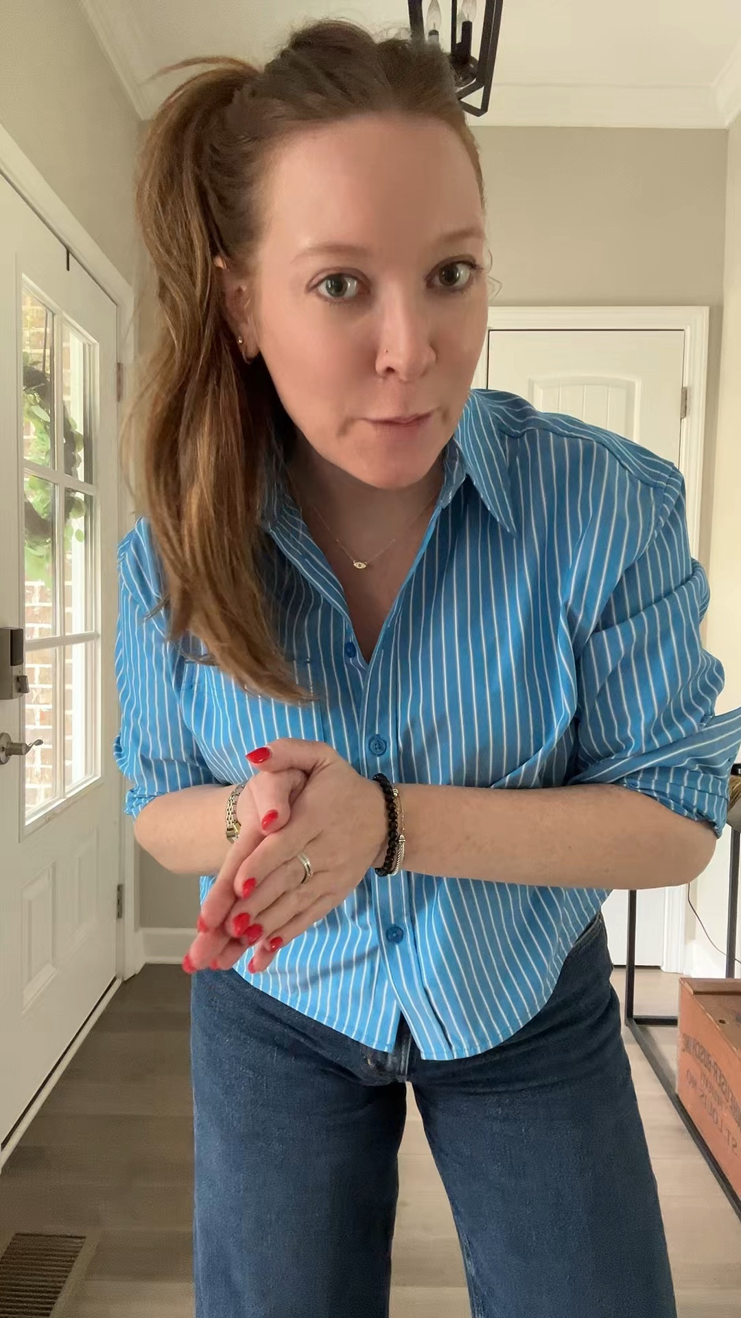 Striped cropped button down / tts wearing a small 
Wide leg cropped jeans / tts wearing a 29
Mesh Mary Jane’s 
Evil eye necklace 
David Yurman cuff and ring 
Two tone watch

#LTKdayinmylife #LTKootd #LTKSaleAlert