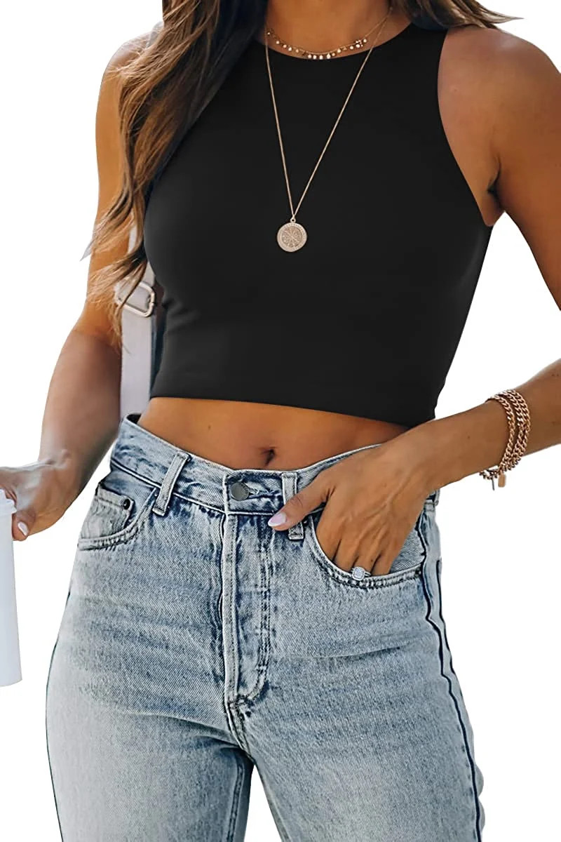 Womens Sexy Sleeveless High Neck Racerback Cropped Tank Tops Trendy Cute Teen Girls Halter Neck C... | Walmart (US)