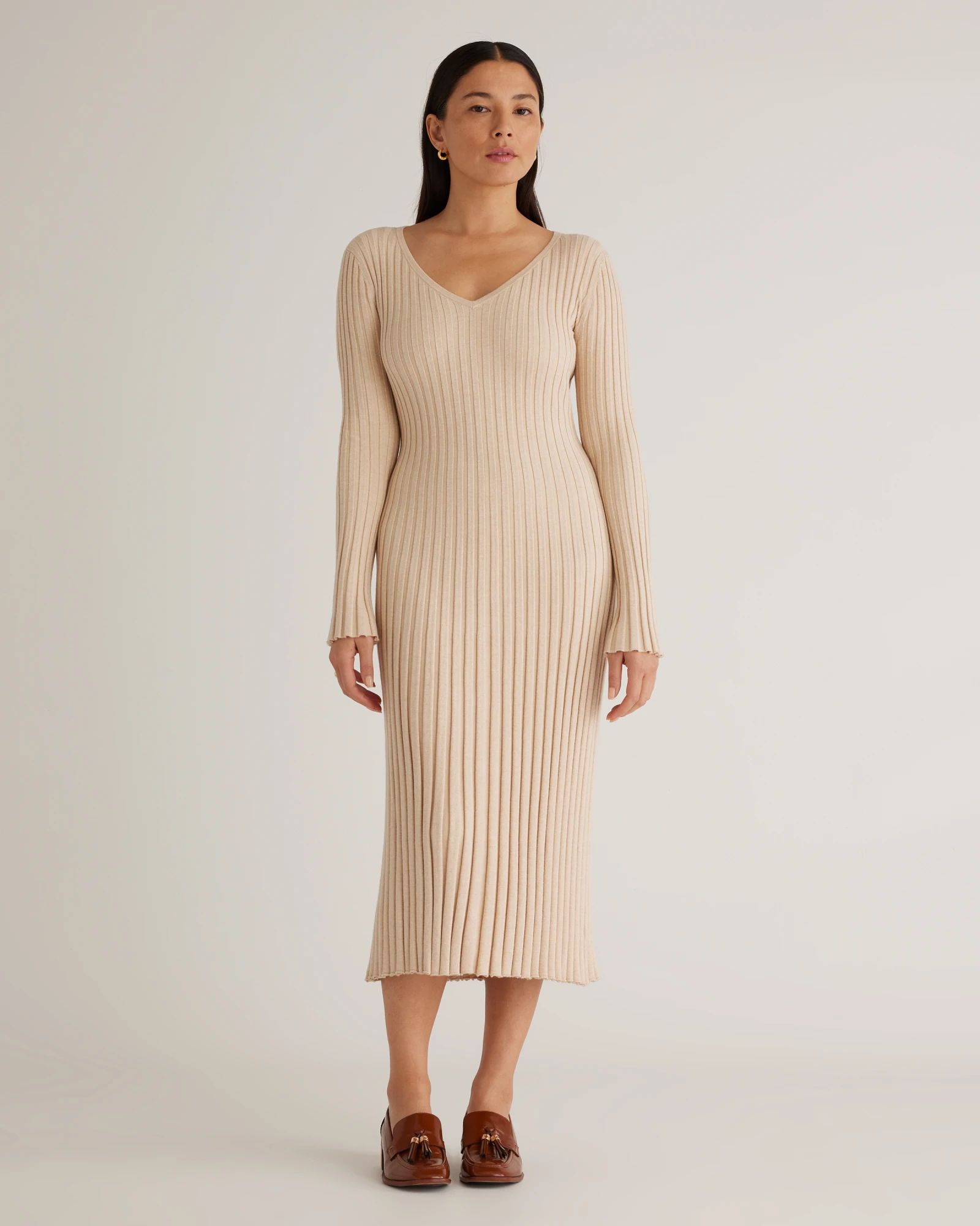 Cotton Cashmere Ribbed Long Sleeve V-Neck Midi Dress | Quince