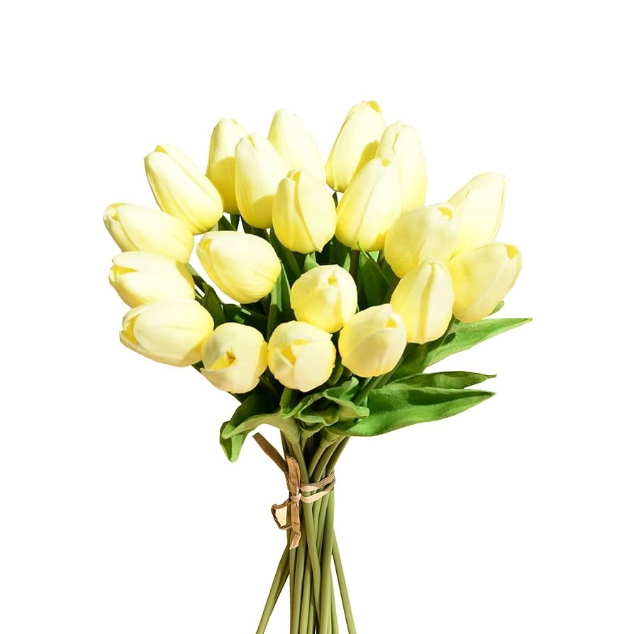 Mandy's Artificial Tulips 20 Stems Light Yellow PU Faux Flowers for Wedding Home Decor 13.5 Inch | Amazon (US)