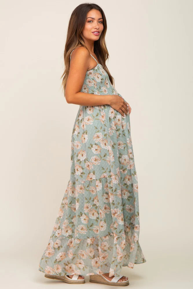 Mint Green Floral Swiss Dot Smocked Maternity Maxi Dress | PinkBlush Maternity