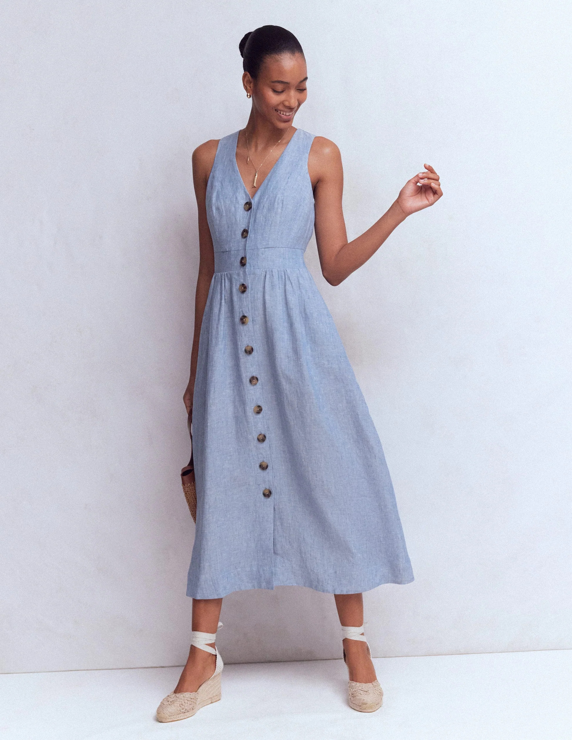 Catherine Button Linen Dress-Chambray | Boden (US)