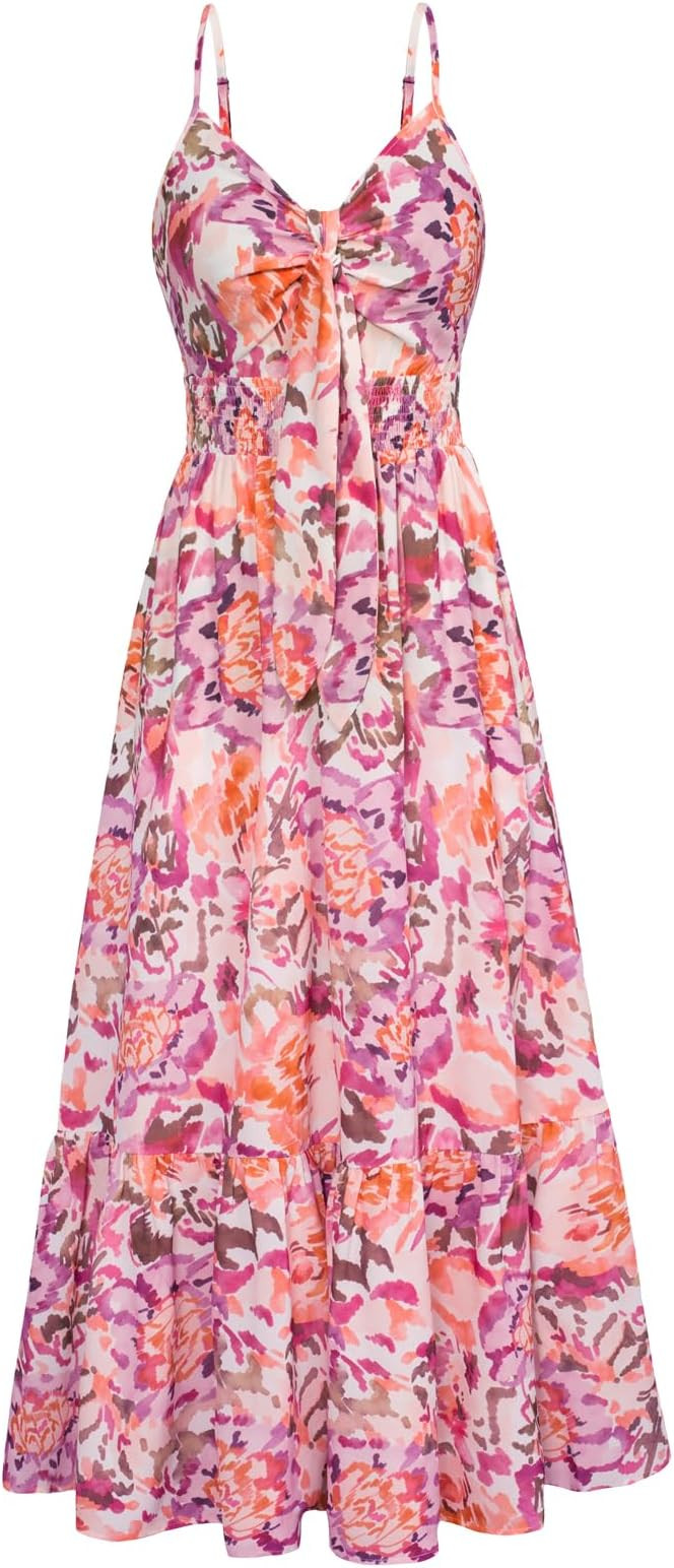 GRACE KARIN Women's 2026 Summer Maxi Dress Floral Tie Front Spaghetti Strap Casual Boho Beach Flo... | Amazon (US)