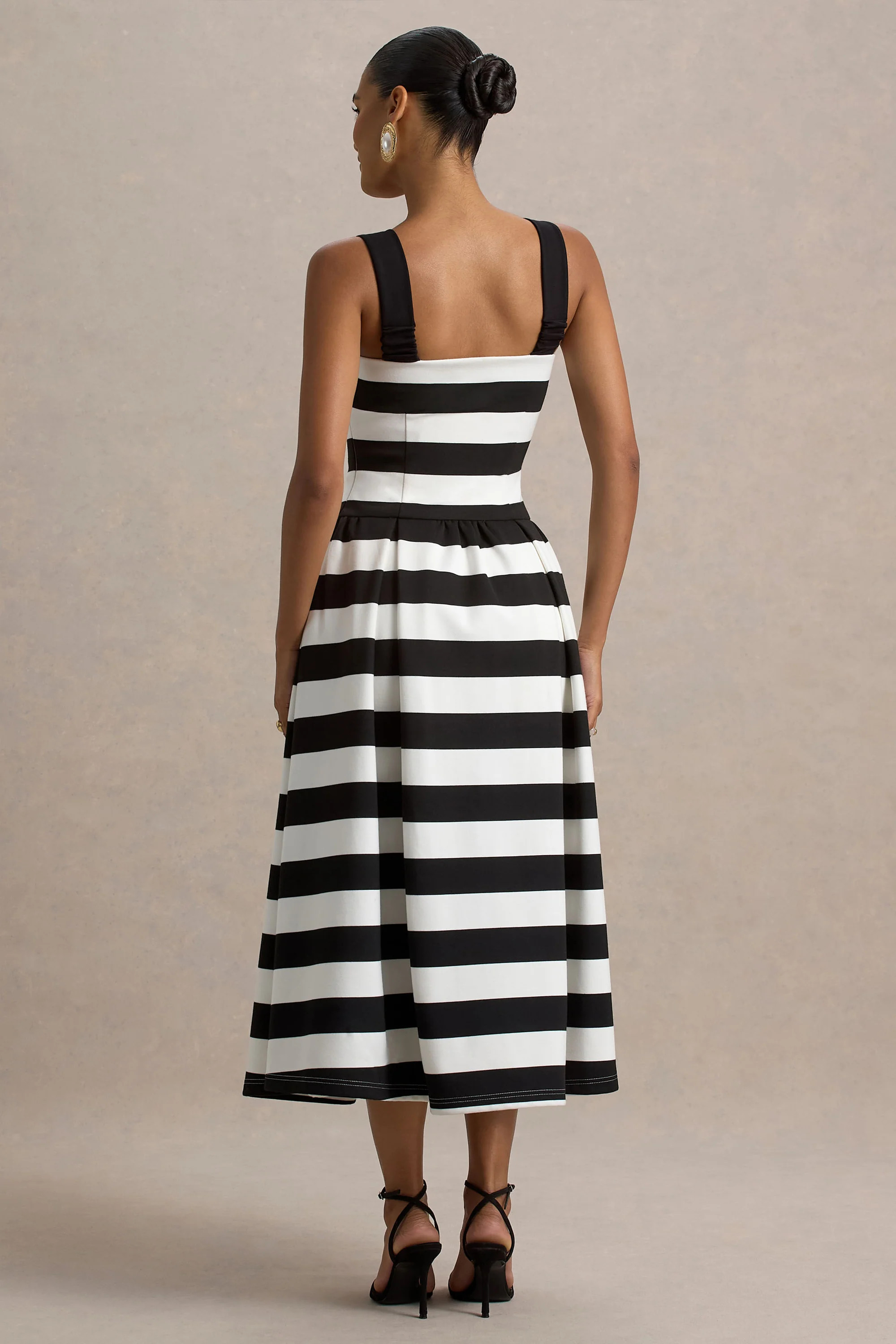 Monte Carlo | Black & White Striped Square-Neck Drop-Waist Midi Dress | Club L London