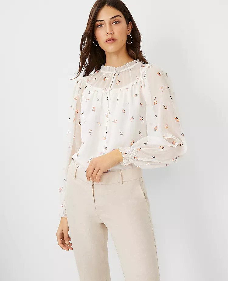 Floral Shirred Yoke Button Top | Ann Taylor (US)
