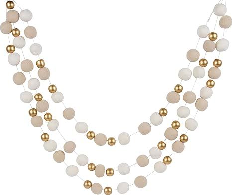 Orchid & Ivy 8 Foot Ivory and Cream Wool Felt Ball Pom Pom Garland with Gold Wood Beads - Vintage... | Amazon (US)