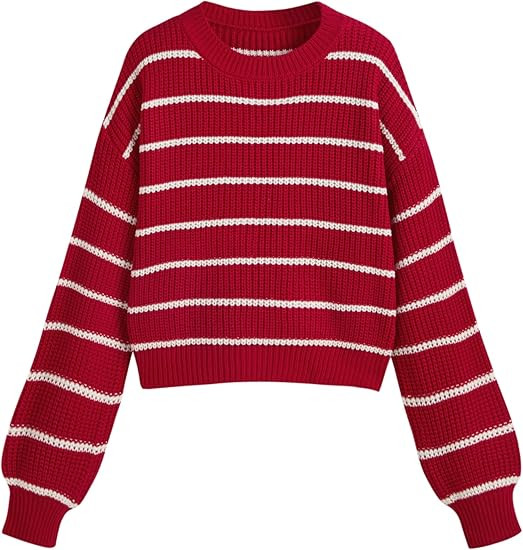 CIDER Women’s Cropped Striped Sweater Long Sleeve Crew Neck Trendy Pullover Tops | Amazon (US)