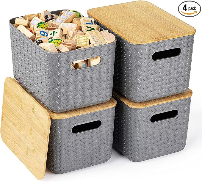 4 Packs Storage Bins with Bamboo Lids - Plastic Storage Containers with Lids Stackable Storage Bo... | Amazon (US)