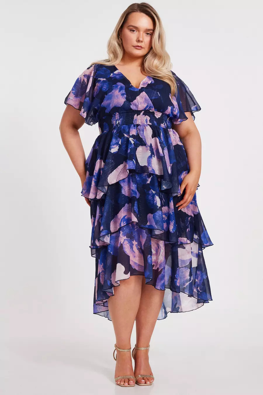 Curve Navy Dip Hem Tiered Midi Dress | Quiz Clothing