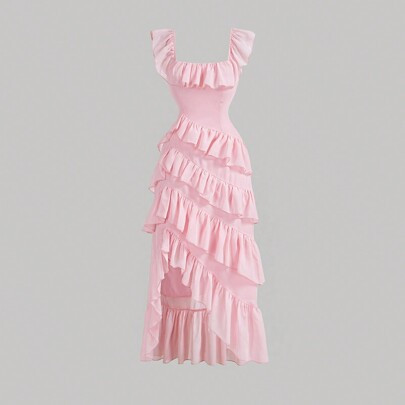 Women's Ruffle Trim Midi Dress, Pink French Dress,Concert,Women Spring Tops,Easter Dress,Concert Outfits,Spring Women Dresses | SHEIN