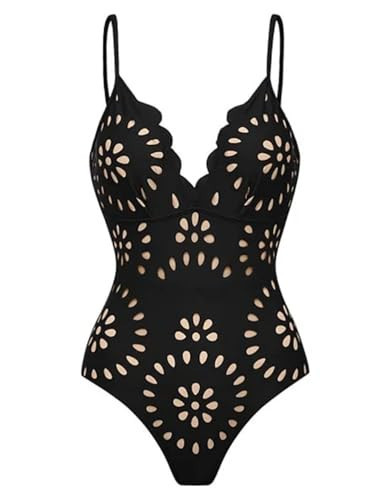 FLAXMAKER Women's One Piece Bathing Suit Petal Hollow V Neck Swimsuit and Skirt (Black #1 Swimsuit Only, XL) | Amazon (US)