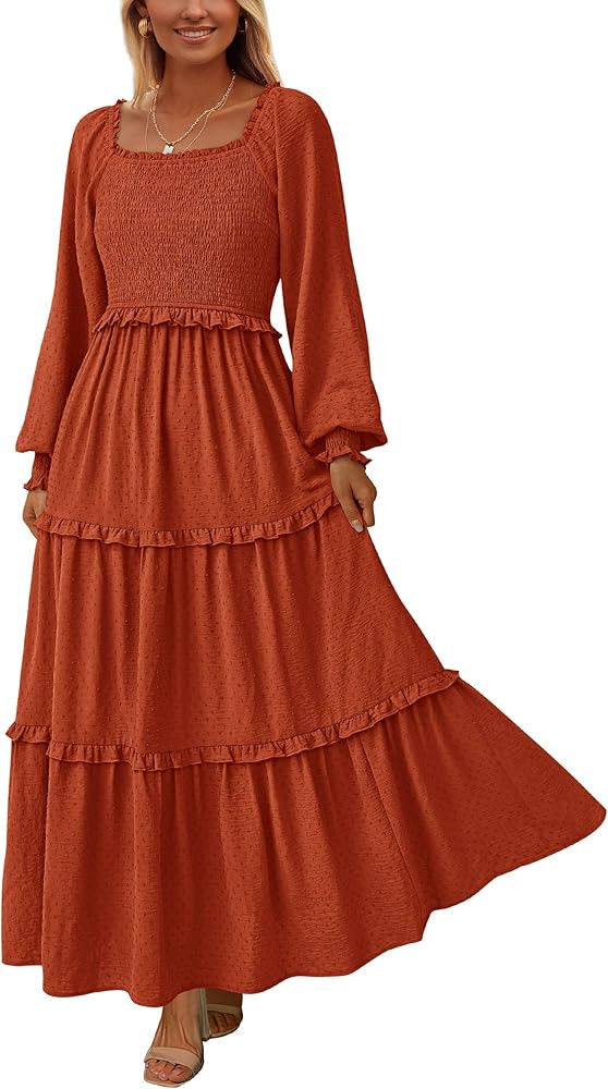PRETTYGARDEN Fall Dresses for Women 2025 Long Sleeve Smocked Square Neck Swiss Dot Tiered Flowy W... | Amazon (US)