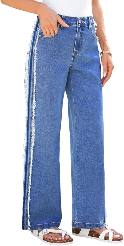 Sidefeel Womens Wide Leg Jeans High Waisted Straight Leg Stretchy Patchwork Side Panel Denim Pant... | Amazon (US)