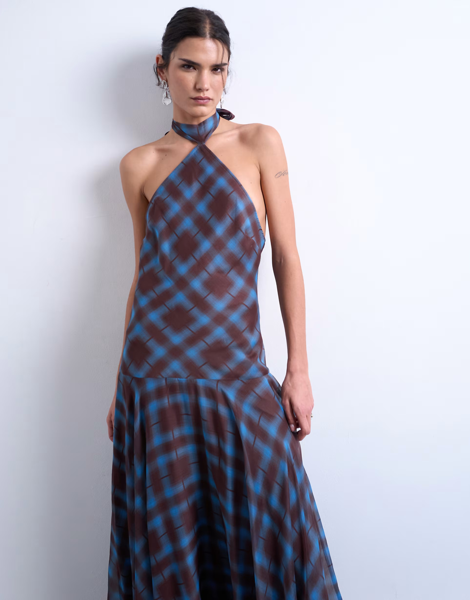 Topshop volume hem dropped waist maxi dress in blue check chiffon | ASOS (Global)
