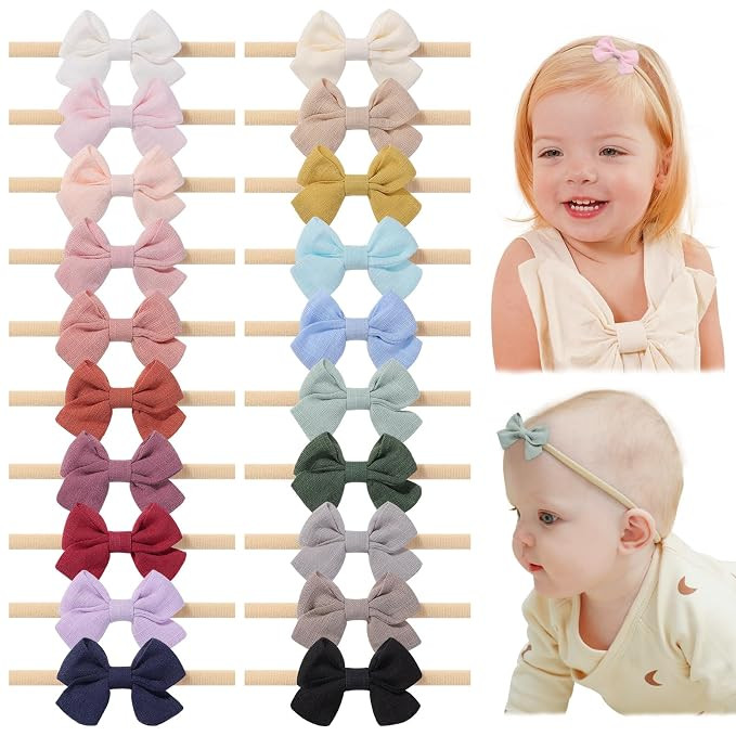 20pcs Baby Girl Bow Headbands Newborn Nylon Hairband 2" Neutral Linen Infant Hair Bows | Amazon (US)