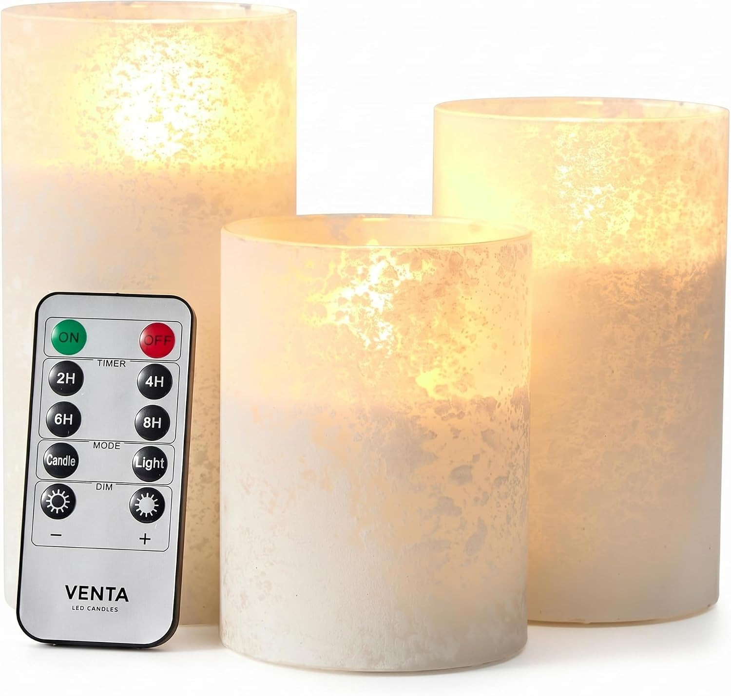 VENTA Frosted Glass LED Candles, Set of 3 | Warm Amber Flickering Pillar Candles with Remote | Creates Cozy, Relaxing Hygge Ambiance for Bedroom & Living Room | Amazon (US)