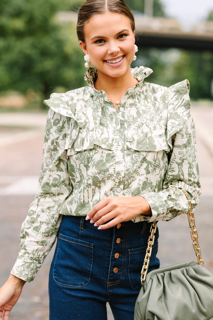 On Your Time Olive Green Toile Button Down Blouse | The Mint Julep Boutique