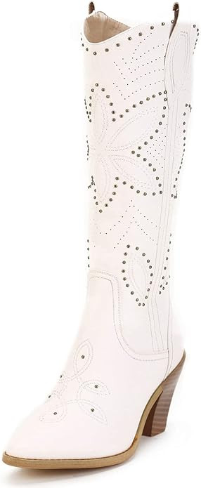 ANN CREEK Women's 'Hornsby' Mid Calf Knee-high Cowboy Boots White Studded Medium+Wide Size Foot a... | Amazon (US)