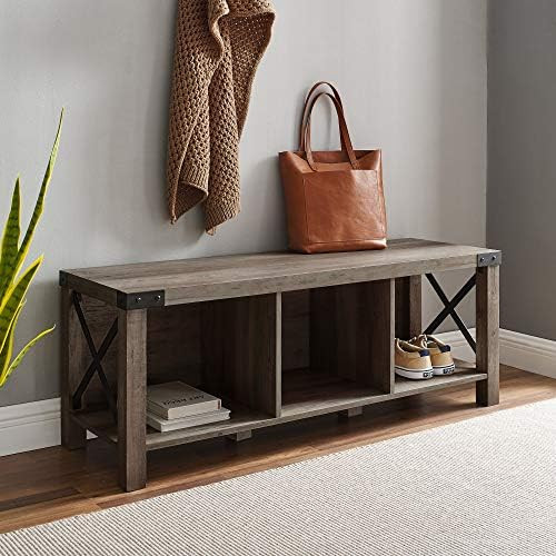 Walker Edison Sedalia Modern Farmhouse Metal X Entryway Bench, 48 Inch, Grey Wash | Amazon (US)