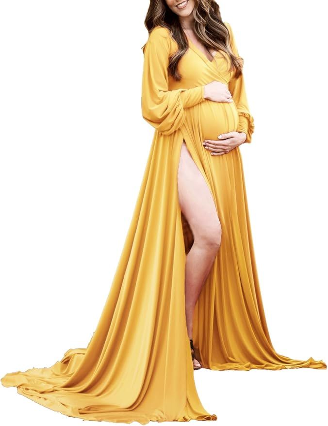 Maternity Gown Bishop Sleeves Baby Shower Dress Wrap Side Slit Sweetheart Maxi Photo Shoot for Ph... | Amazon (US)