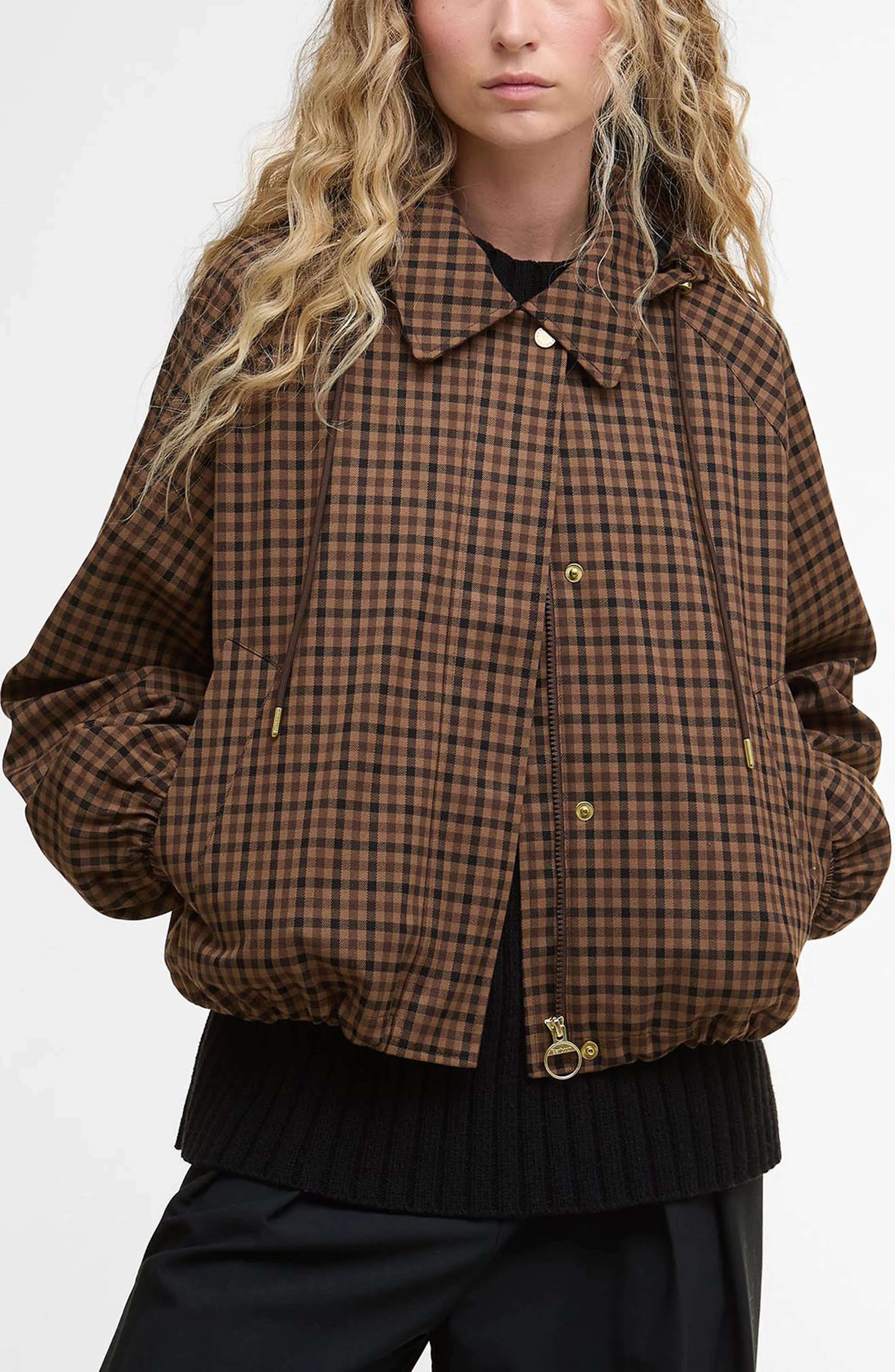 Barbour Audrey Check Showerproof Hooded Bomber Jacket in Vicuna Gingham Check at Nordstrom, Size 10 Us | Nordstrom