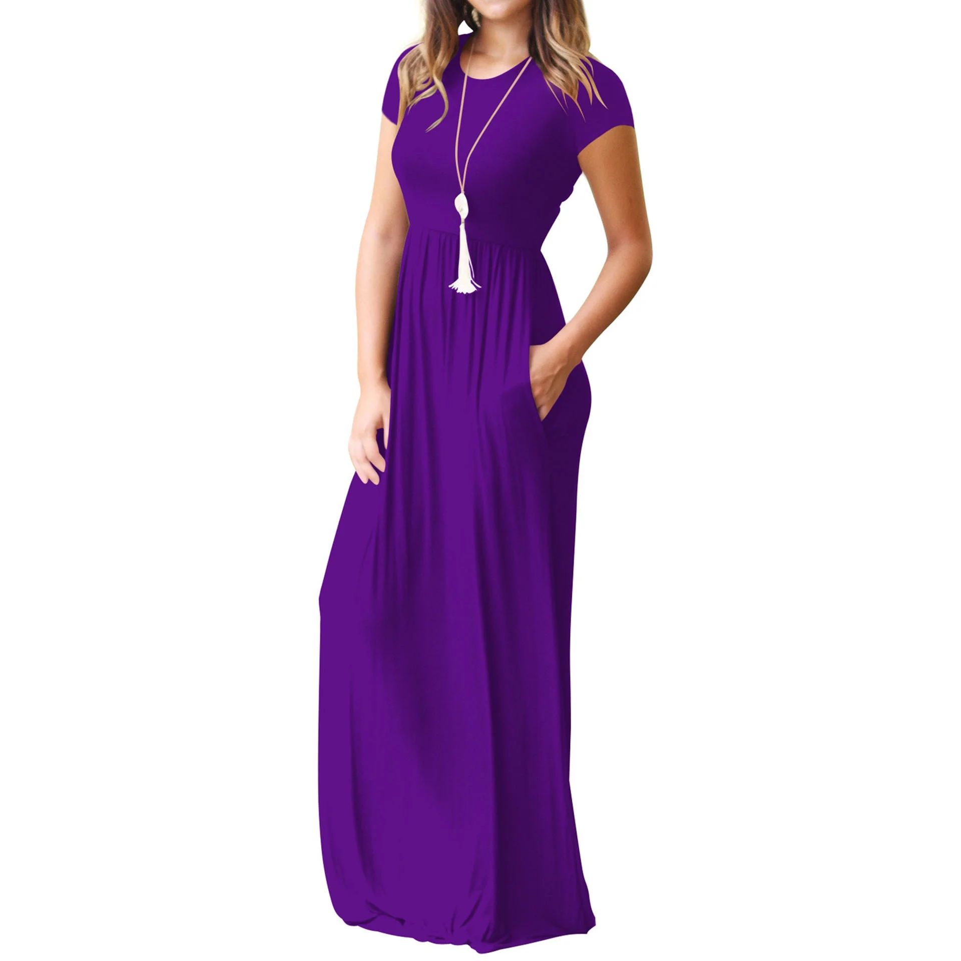 Mengpipi Women's Maxi Dresses Short Sleeve Long Casual Dresses Loose Plain with Pockets, Purple-3... | Walmart (US)
