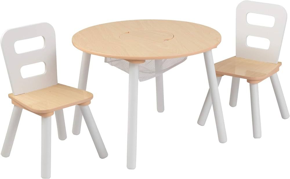KidKraft Wooden Round Table & 2 Chair Set with Center Mesh Storage - Natural & White, Gift for Ag... | Amazon (US)