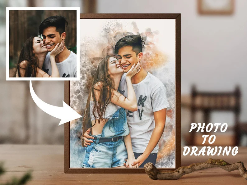 Customizable Watercolor Couple Portrait, Personalized Lovers Artwork on Framed Canvas, Unique Eng... | Etsy (US)