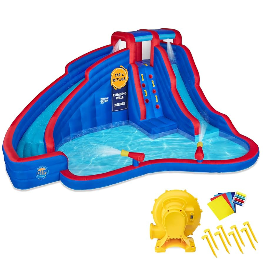 Sunny & Fun Double Dip Inflatable Water Slide Park – Heavy-Duty for Outdoor Fun - Climbing Wall... | Amazon (US)
