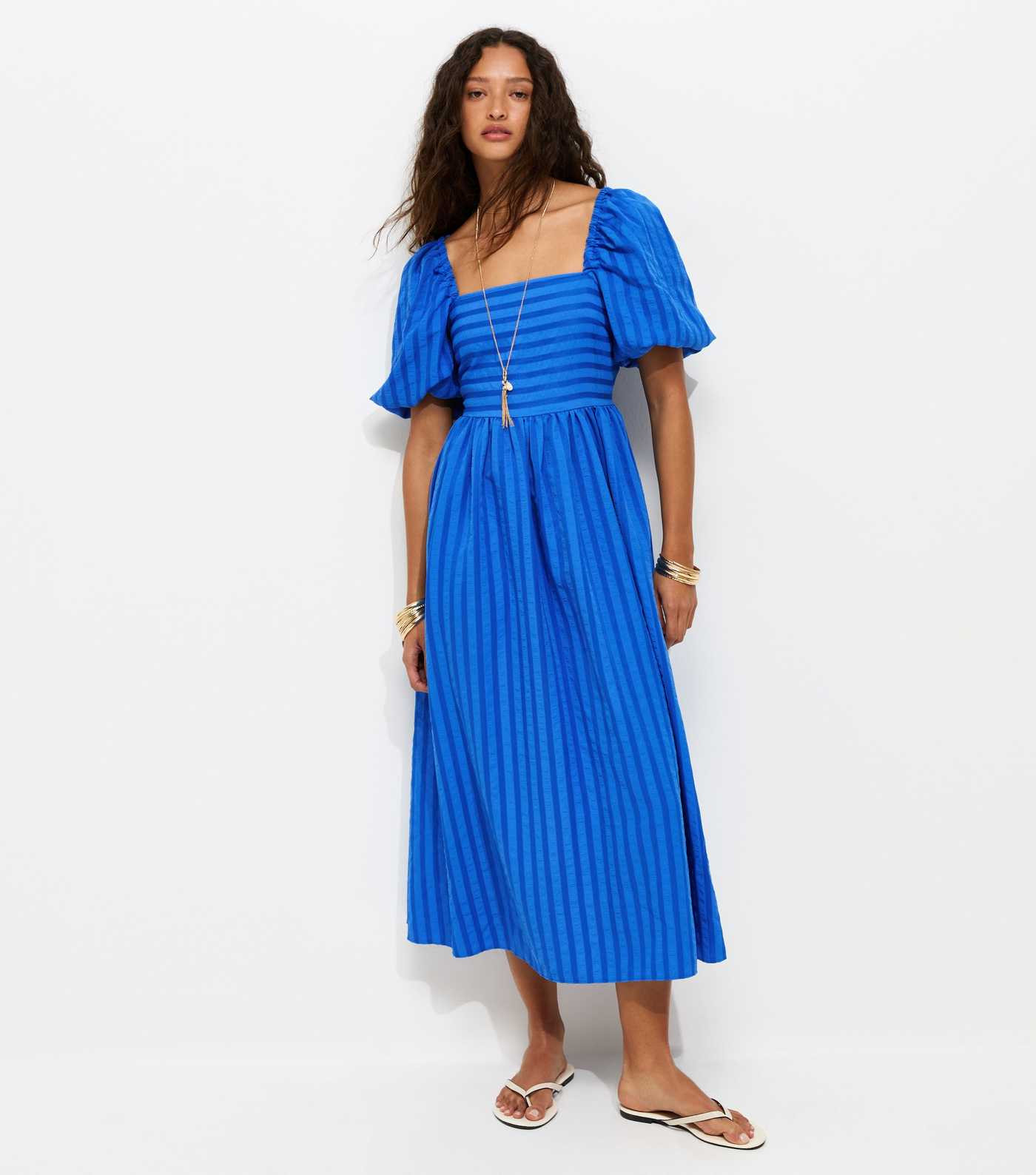 Bright Blue Puff Sleeve Striped Midi Dress | New Look | New Look (UK)