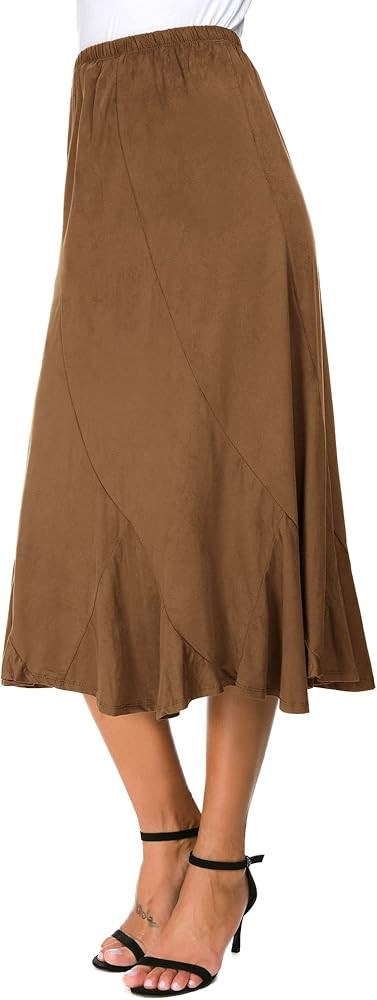 Women's Elegant Ankle Length Ruffle Hem Elastic Waist Suede Midi Skirt | Amazon (US)