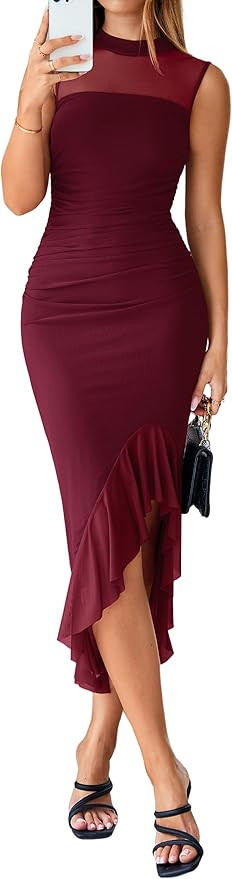 Simplee Women's Bodycon Ruched Sexy Dress Summer Sleeveless Ruffle Hem Mesh Solid Cocktail Weddin... | Amazon (US)