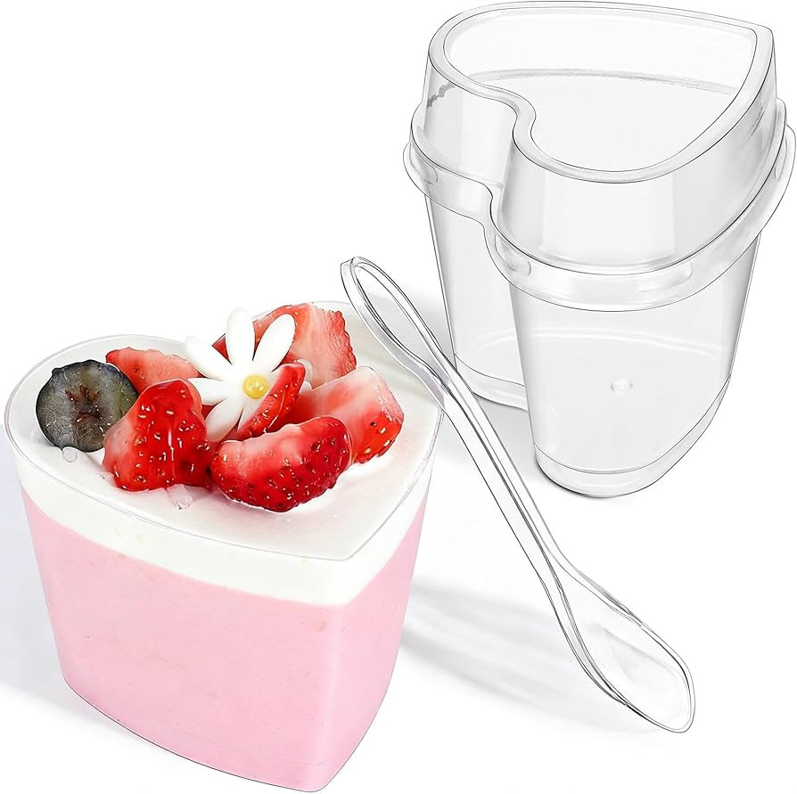 60 Pack Dessert Cups with Lids and Spoons, 5 oz Heart-Shaped Clear Plastic Appetizer Parfait cups... | Amazon (US)