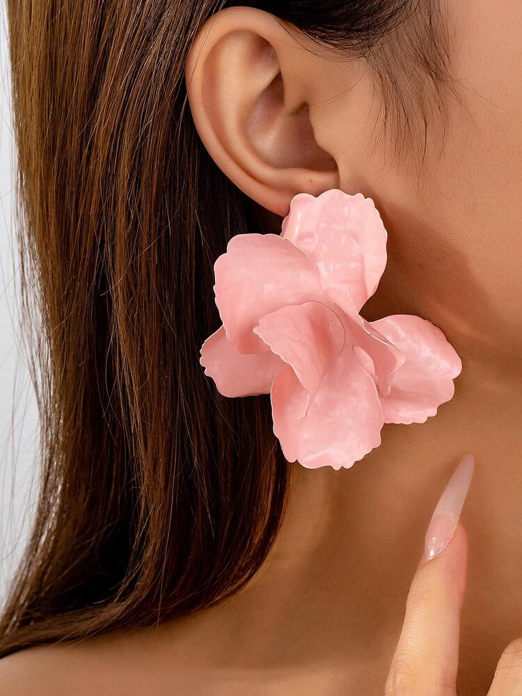 1 Pair Romantic Pink Color Flower Earring, Oversized Floral Earrings, Women Vacation Style Boho Jewelry Suitable For Party, Beach, Travel, Photoshooting | SHEIN