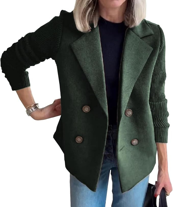 Sweater Blazer Women's Lapel Button Knitted Patchwork Sleeve Casual Coat Cropped Jacket Work Blazers Fall Coat Fashion | Amazon (US)