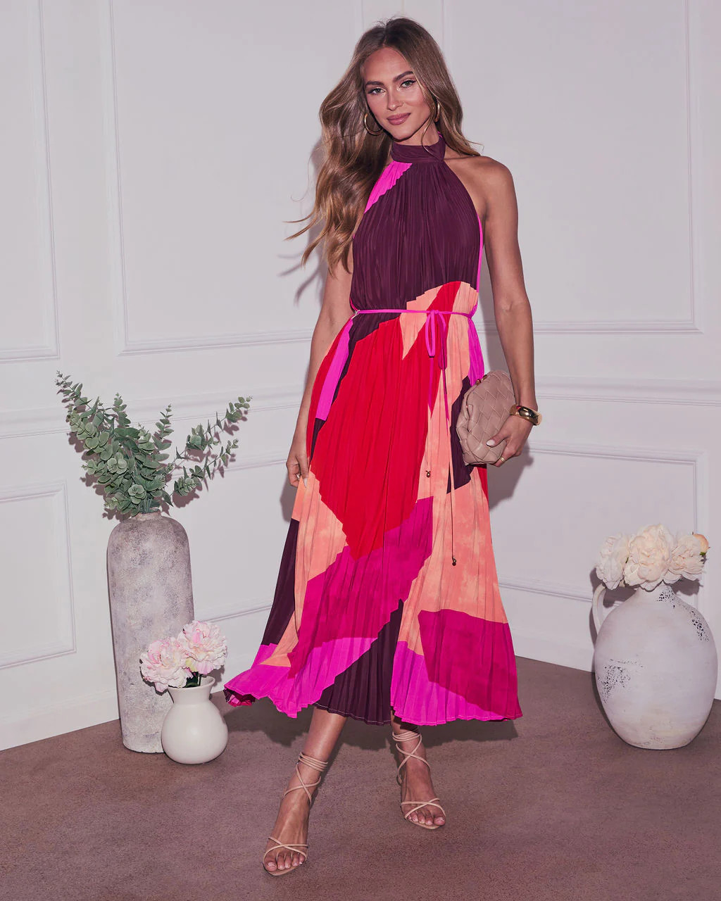 Cheyenne Abstract Pleated Halter Midi Dress | VICI