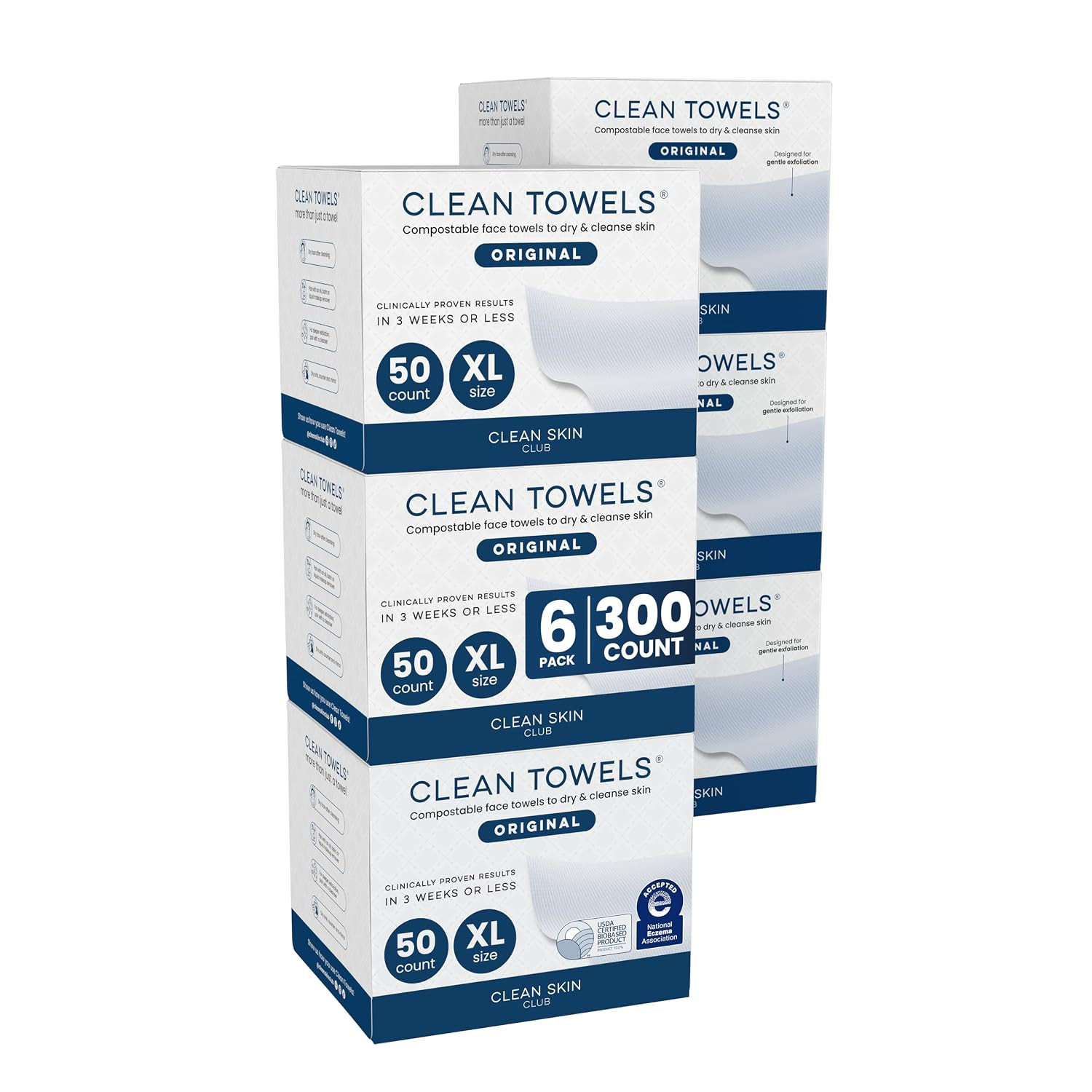 Clean Skin Club Clean Towels XL®, 100% USDA Biobased Face Towel, Disposable Face Towelette, Eczema Association Accepted, Makeup Remover Dry Wipes, Ultra Soft, 50 ct per pack, 6 Packs, 300 Ct Total | Amazon (US)