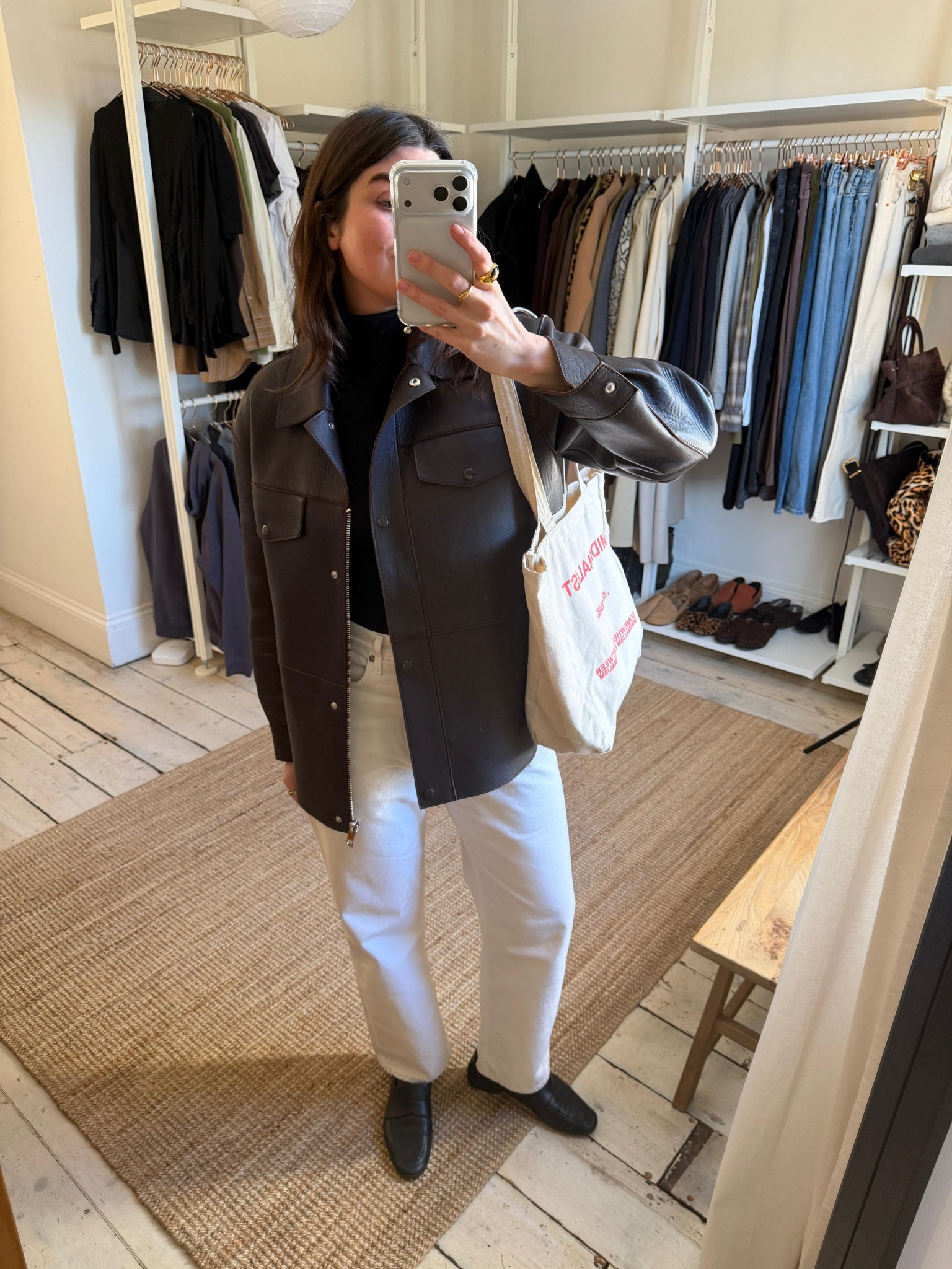 Styling Agolde white denim jeans with a Whistles oversized chocolate brown leather jacket and Le Monde Beryl loafers 

#LTKspring #LTKstyletip