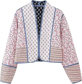 Omoone Women's Cropped Floral Quilted Jacket Cardigan Printed Lightweight Open Front Padded Puffe... | Amazon (US)