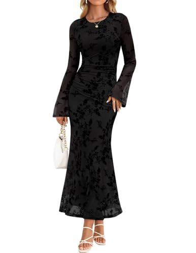 ZESICA Women's Long Sleeve Floral Bodycon Dress 2025 Fall Fashion Ruched Mesh Wedding Guest Cocktail Party Maxi Dresses, Black, M | Amazon (US)