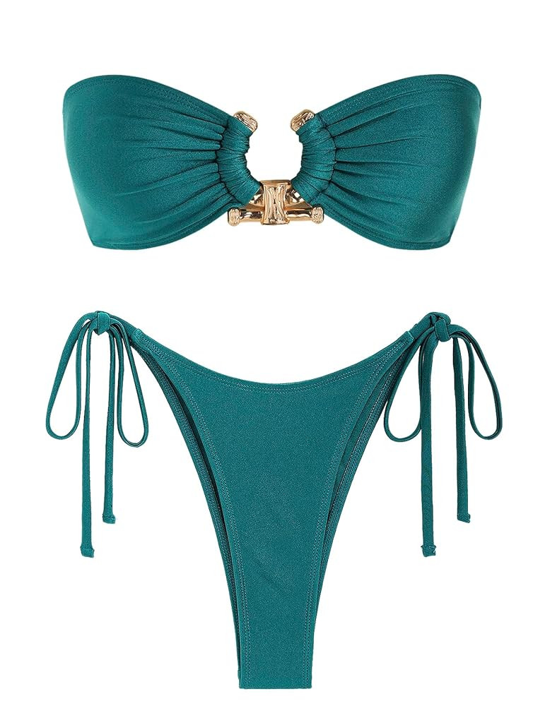 ZAFUL Metal Ring Bandeau Bikini Set Tie Side Bathing Suit High Cut 2 Piece Swimsuit Cutout Swimwe... | Amazon (US)