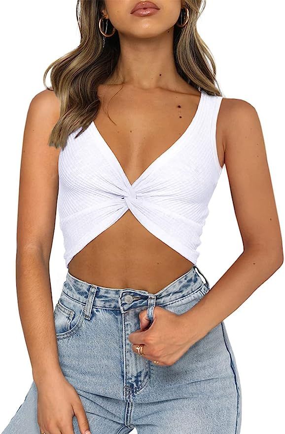 Butgood Women's Summer Sexy Crop Top Deep V Neck Twist Knot Front Fashion Going Out Cute Shirt To... | Amazon (US)