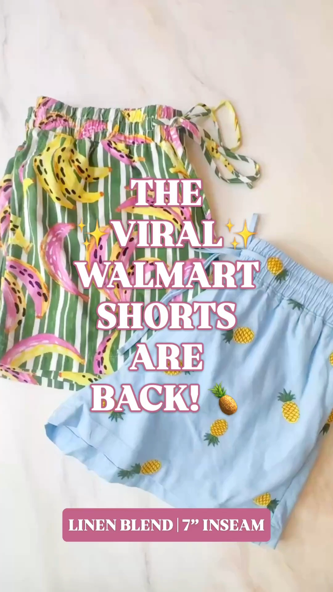 Walmart linen shorts | Free Assembly shorts | pineapple shorts | vacation shorts | summer outfit

The viral Walmart shorts are back, and both pairs are the kind of easy summer bottoms that make a plain white tank look like a styled outfit.

One pair has the bold green stripe tropical fruit print with pink and yellow color. The other is the softer blue pair with embroidered pineapples. Same cheerful vacation energy, two totally different ways to wear it.

They are Free Assembly linen-blend shorts with a pull-on waistband, drawstring tie, relaxed fit, pockets, and a 7-inch inseam. The fabric is 70% rayon and 30% linen, so they have that lightweight, breezy feel that works for hot weather, travel days, beach trips, and everyday summer outfits.

Style them with a white tank, white tee, linen button down, swimsuit, fitted crewneck tee, simple summer top, raffia sandals, gold jewelry, or flat slides. The print and embroidery do enough on their own, so the rest of the outfit can stay easy.

These are an add to cart for vacation outfits, beach vacation outfits, resort mornings, cruise outfits, lake weekends, poolside lunches, girls trips, patio brunch, beach town shopping, summer errands, travel outfits, and all the warm weather plans this summer. 

Walmart linen shorts, Walmart shorts, Free Assembly shorts, Free Assembly linen shorts, linen blend shorts, pineapple shorts, embroidered shorts, tropical shorts, fruit print shorts, banana print shorts, striped shorts, blue shorts, pull on shorts, drawstring shorts, shorts with pockets, 7 inch inseam shorts, summer shorts women, vacation shorts, beach vacation outfit, vacation outfit, resort outfit, cruise outfit, summer outfit, summer outfits women, Walmart finds, Walmart style, Walmart fashion finds

#LTKFindsUnder50 #GoingViral #LinenShorts #WalmartStyle #WalmartFinds #SummerOutfits #PreppyStyle #VacationOutfit

#LTKSeasonal #LTKTravel #LTKSwim