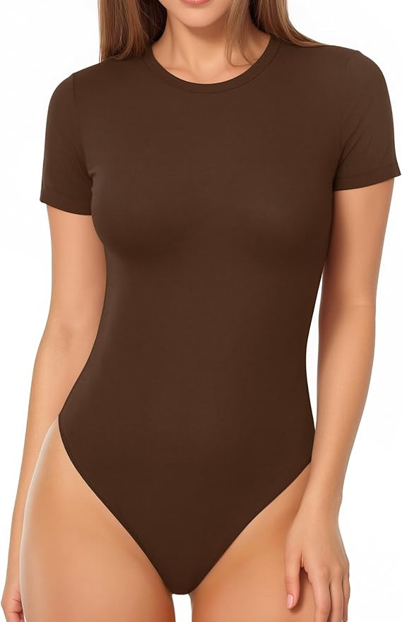 MANGOPOP Women's Round Neck Short Sleeve Bodysuit T Shirts Basic Body Suit Tops | Amazon (US)