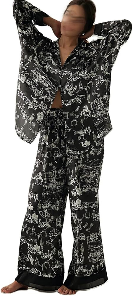Women Satin Pajama Set Floral Silk Pajamas 2 Piece Lounge Sets Button Down Shirts Wide Leg Pants ... | Amazon (US)